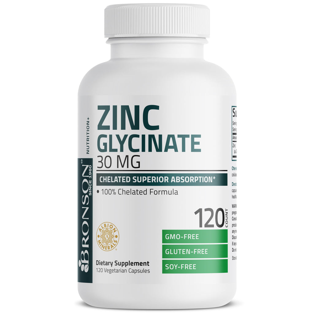 Bronson Zinc Glycinate 30 mg (Zinc Bisglycinate Chelate), 120 Capsules | 100% Chelated Zinc from Albion Minerals for Absorption & Stability, Vegetarian, Non-GMO, Gluten-Free & Soy-Free