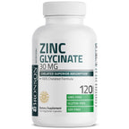 Bronson Zinc Glycinate 30 mg (Zinc Bisglycinate Chelate), 120 Capsules | 100% Chelated Zinc from Albion Minerals for Absorption & Stability, Vegetarian, Non-GMO, Gluten-Free & Soy-Free