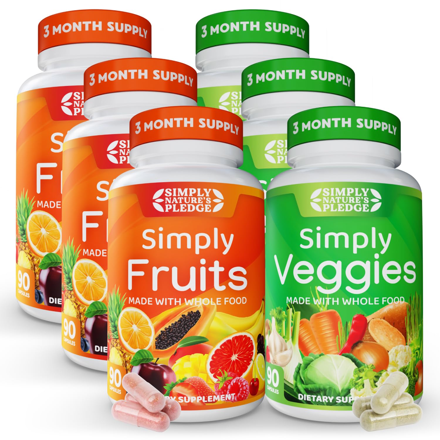 Simply Nature's Pledge Fruits & Vegetables Supplement, 360 Capsules, 4-Pack | Whole Food Superfoods, Fruits & Veggies, Energy, Immune & Digestive Support, Vegan, Gluten free, Soy Free, Third-Party Tested