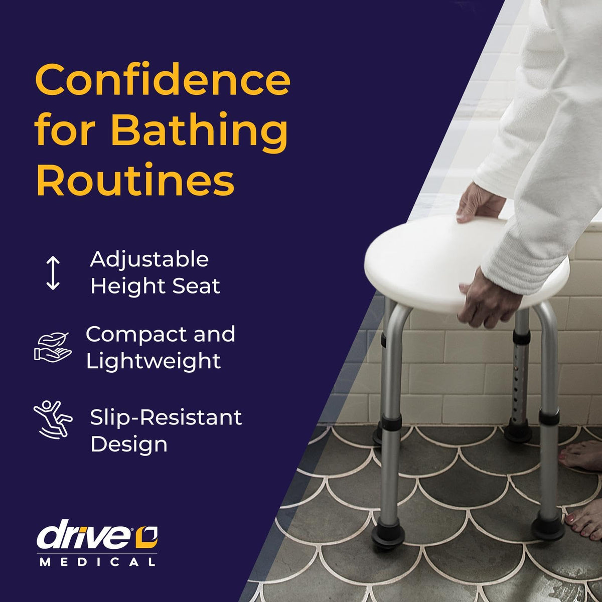 Drive Medical Shower Stool, Adjustable Height, Lightweight Aluminum, White