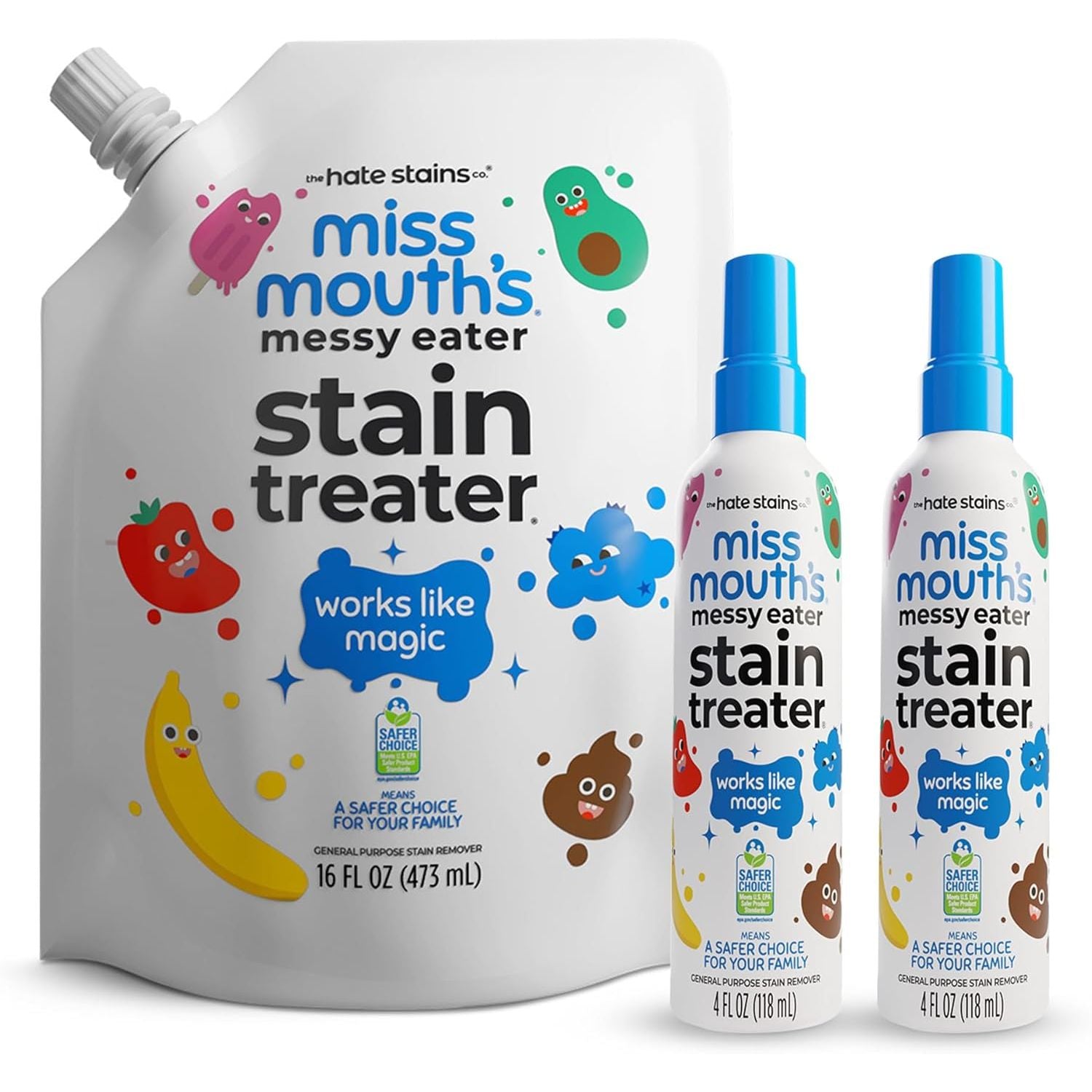 Buy now Miss Mouth's Messy Eater Stain Treater Spray - 4oz Stain Remover - Newborn & Baby Essentials - No Dry Cleaning Food, Grease, Coffee Off Laundry, Underwear, Fabric 2 pack and Refill Pouch at indiglob india
