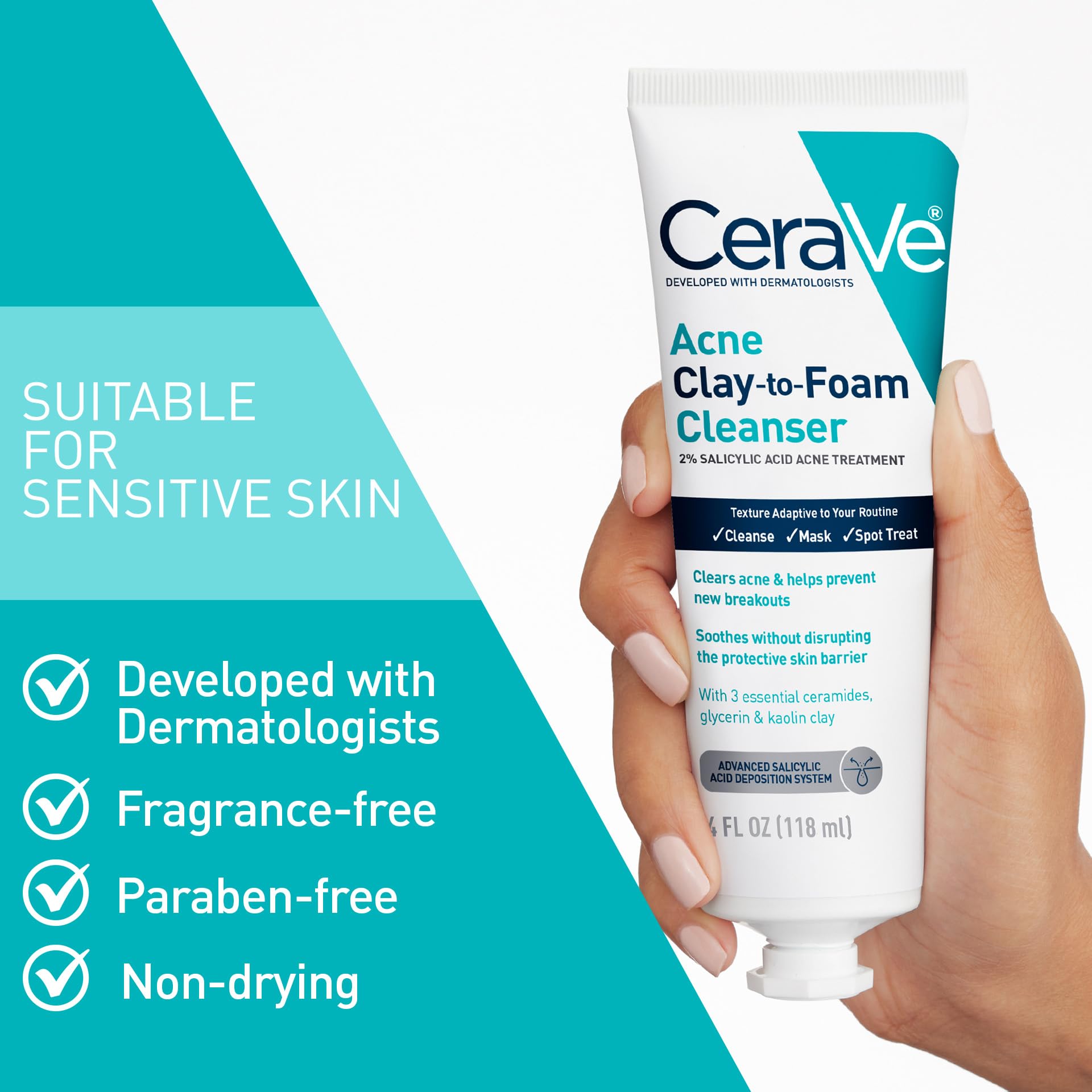 Buy now CeraVe Clay To Foam Acne Face Wash, Multi-Use Salicylic Acid & Kaolin Clay Acne Spot Treatment Clears Pimples & Blackheads, Prevents Breakouts, Hydrates & Soothes, Fragrance-Free, Non-Comedogenic, 4oz at indiglob india