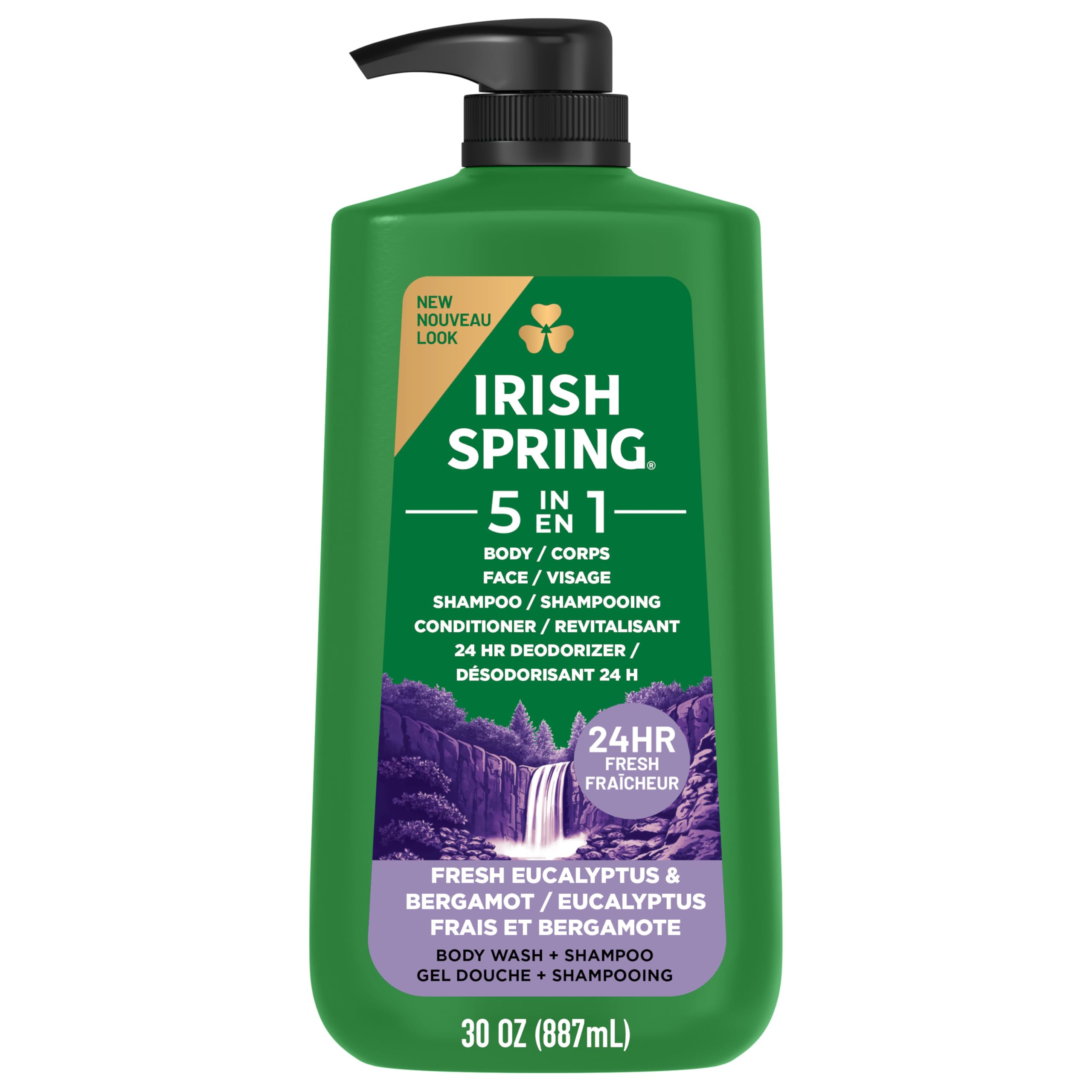 Buy now Irish Spring 5 in 1 Moisturizing Body Wash for Men, Shampoo, Conditioner, Body and Face Wash, and 24 Hour Deodorizer, Paraben-Free, Fresh Eucalyptus & Bergamot Scent, 20 fl oz at indiglob india