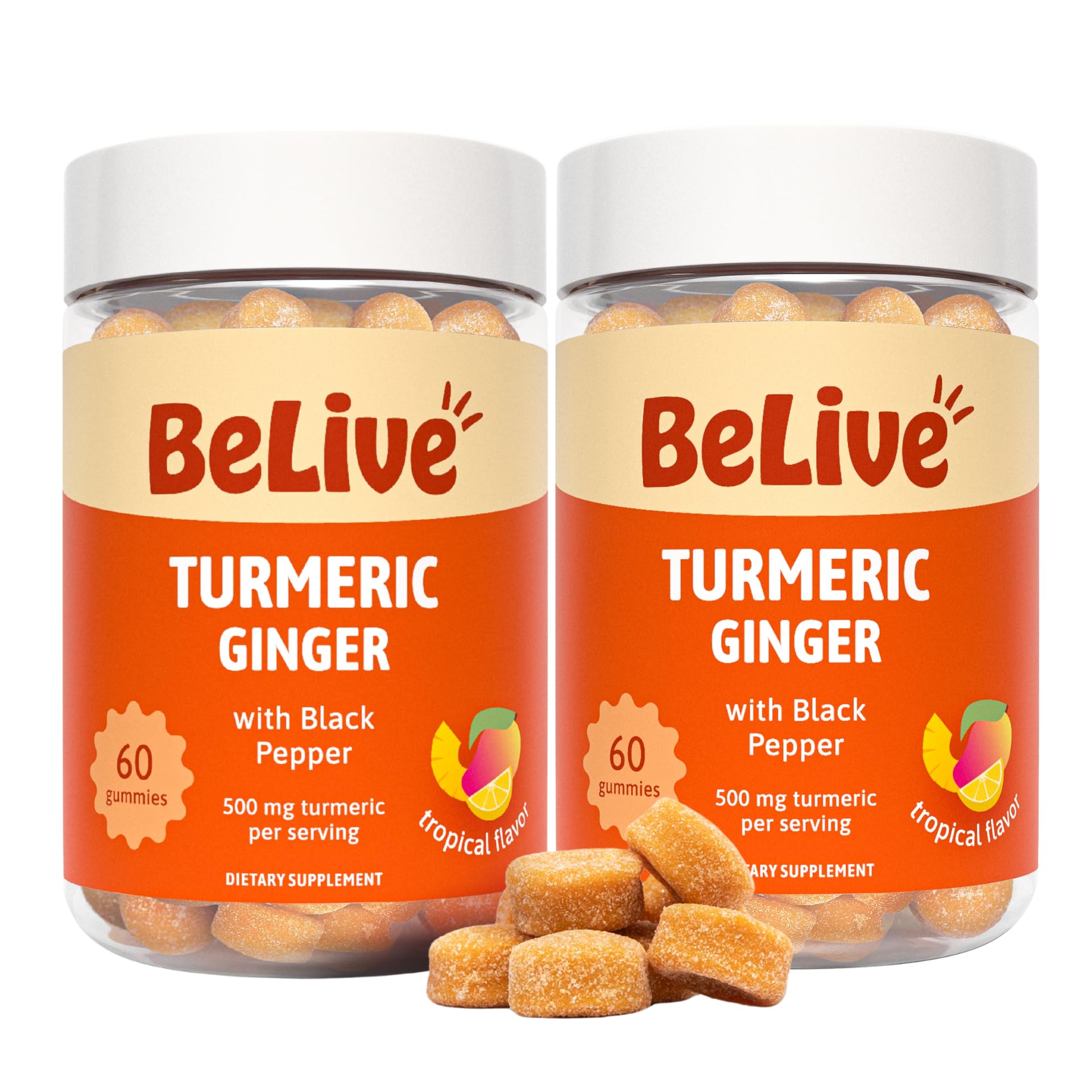 BeLive Turmeric and Ginger Gummies for Joint and Mobility Support 120 Count | 500mg Turmeric Curcumin Supplement with Black Pepper for Enhanced Absorption, Immune & Antioxidant Support, Tropical Flavor