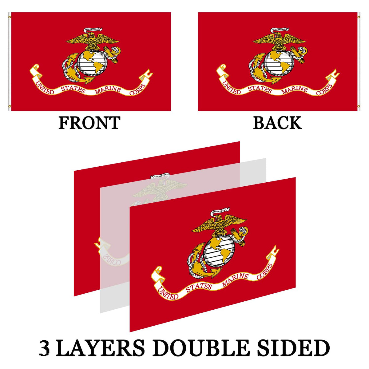 Double Sided US Marine Corps USMC Flag Outdoor 3x5ft- 3Ply 240D 4 Rows Stitched- United States Marine Corps Flag- UV Fade Resistant With Canvas Header & 2 Brass Grommets