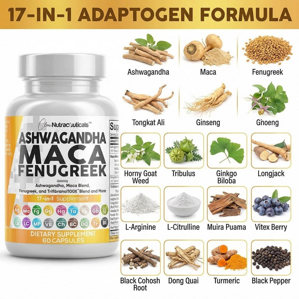 Clean Nutraceuticals Ashwagandha Maca Root Fenugreek Supplement with Tongkat Ali Ginseng - Assists with Stress, Mood & Thyroid - Ashwagandha Capsules Fenugreek Caps
