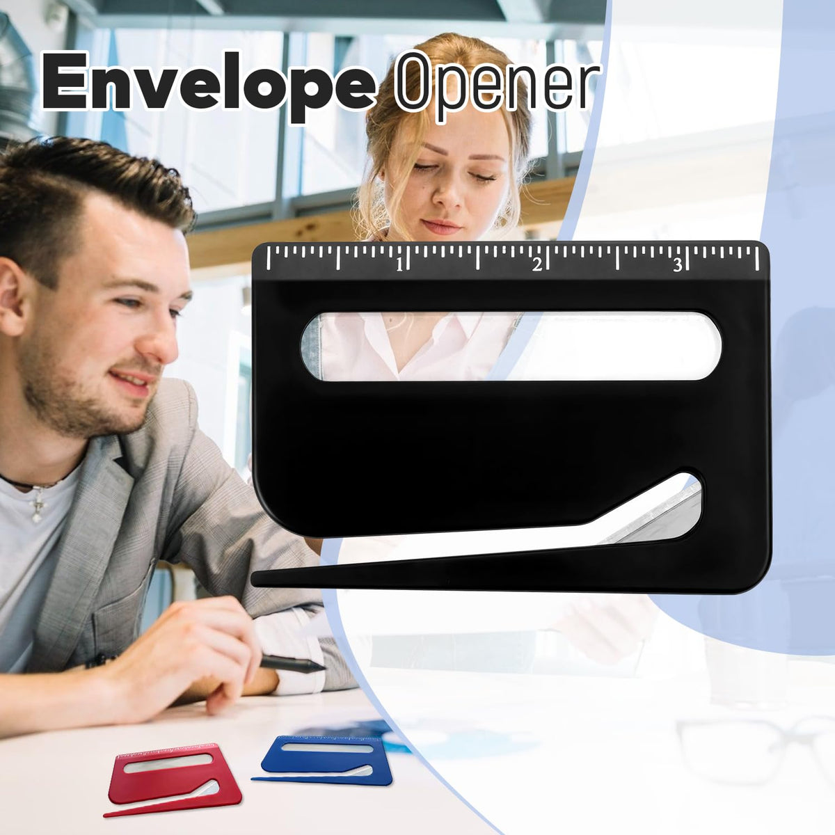 3 Pack Letter Opener Envelope Slitter, Credit Card Sized Mail Opener with Hidden Blade, Built in Ruler & Magnifier, Slim Envelope Cutter for Home Office Travel