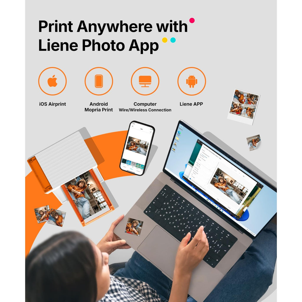 Liene Amber M110 Bluetooth Photo Printer 80 Sheets, Portable Photo Printer for iPhone, Thermal Dye Sublimation, Picture Printer 60 Sheets 4x6 Paper & 20 Sheets 3" Square Sticker Paper & 2 Cartridges