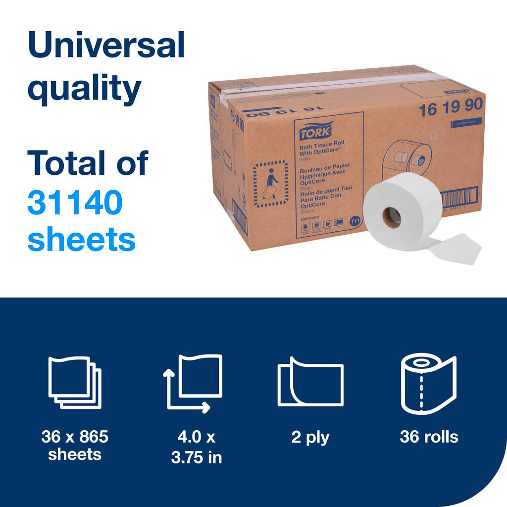 Tork OptiCore Mid-size Toilet Paper Roll T11, 36 x 865 sheets, 161990