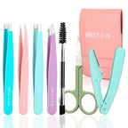 SWEET VIEW 7PCS Tweezers Kit for Women Facial Hair & Brow | Plucker with Eyebrow Scissors & Razor & Spoolie for Chin, Splinter and Ingrown Hair