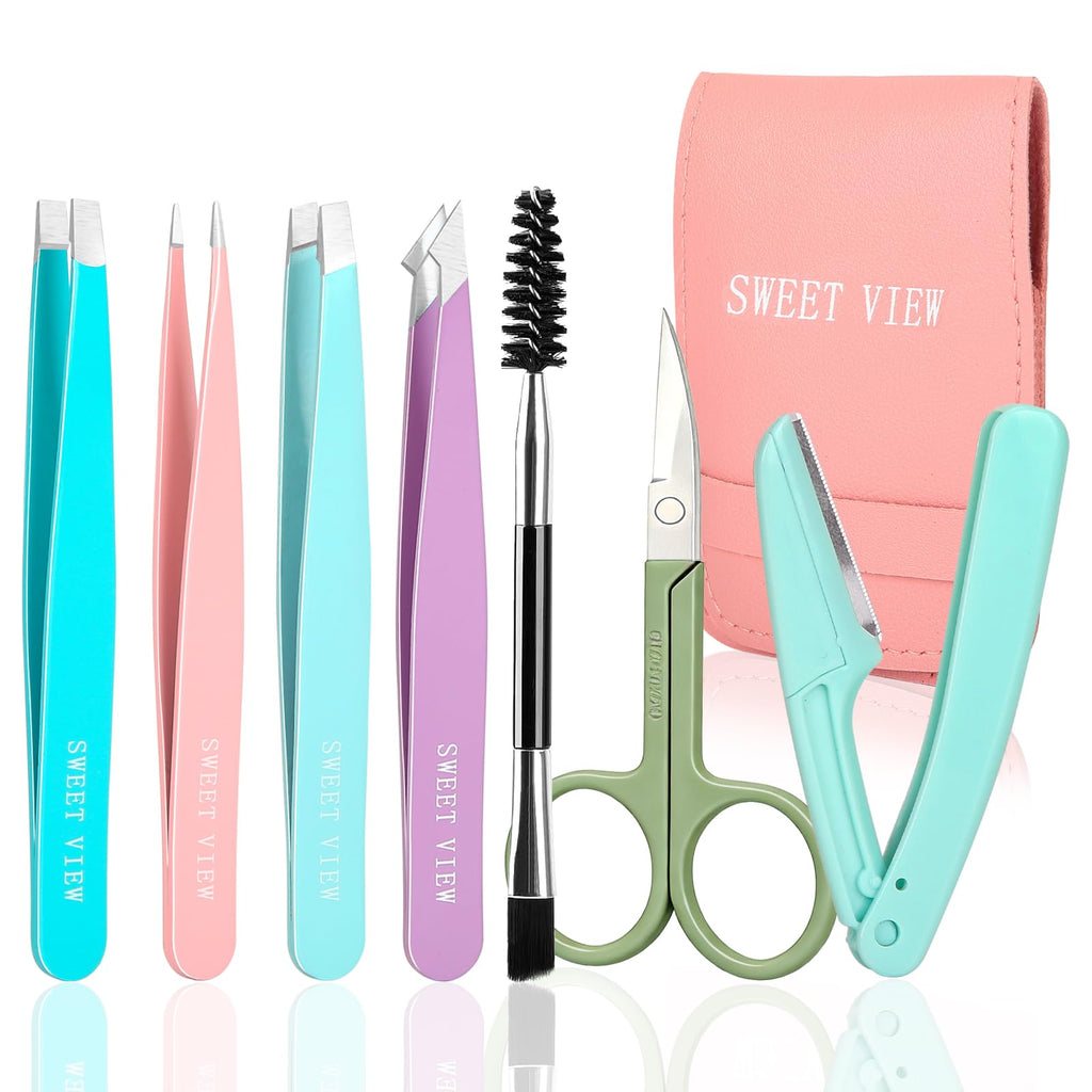 SWEET VIEW 7PCS Tweezers Kit for Women Facial Hair & Brow | Plucker with Eyebrow Scissors & Razor & Spoolie for Chin, Splinter and Ingrown Hair