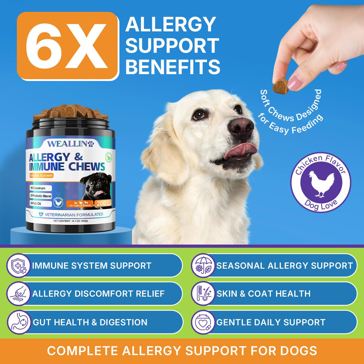 WEALLIN Dog Allergy Chews with Probiotics, Skin & Immune Support, 200 Ct