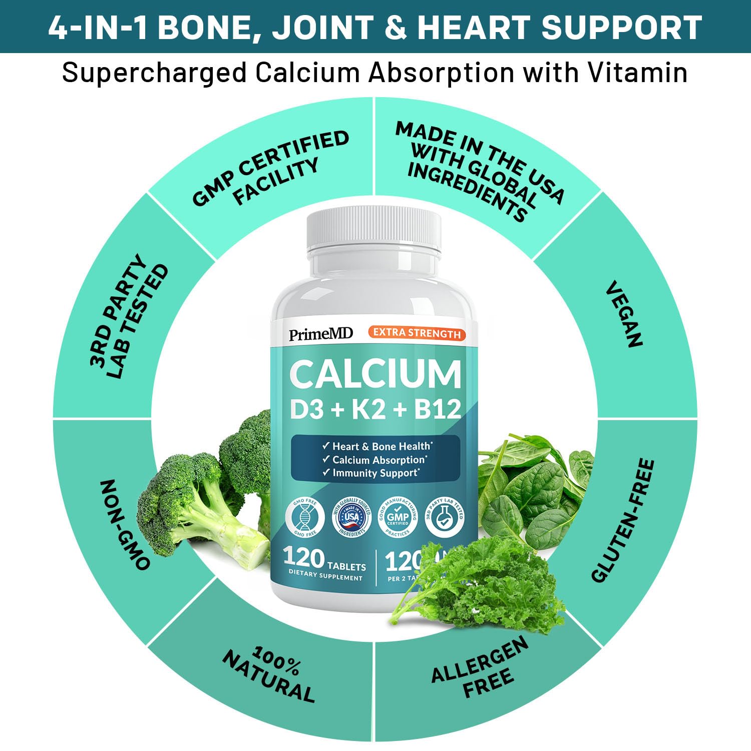PrimeMD 4-in-1 Calcium 1200mg, Vitamin D3 K2 5000IU, Vegan Non-GMO, 120ct | Bone Health and Everyday Vitality Support, Extra Strength Calcium with Vitamin D3 and K2, Vegan, Non-GMO, Calcium Supplement