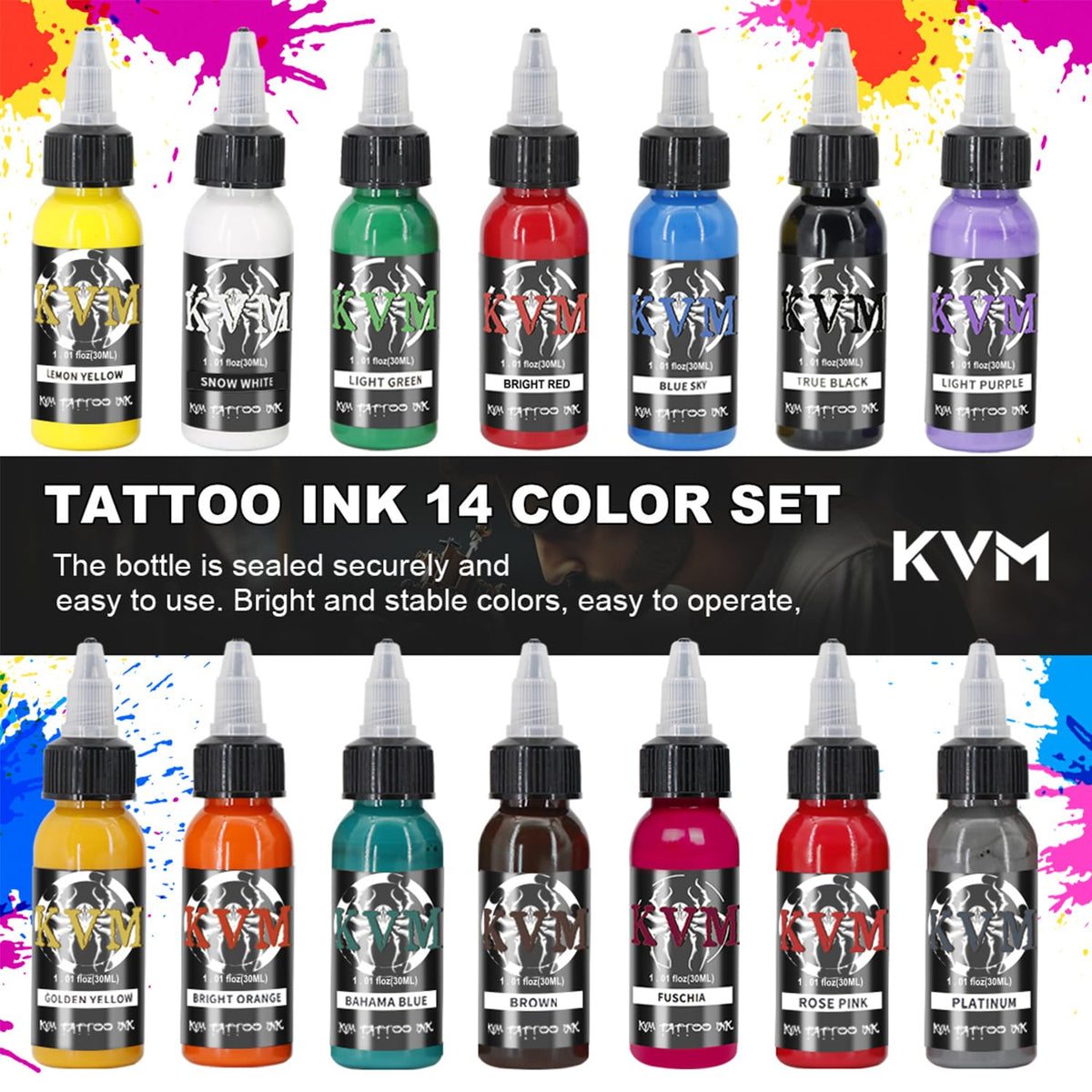 KVM Tattoo Ink Set 14 Pcs Colors 1oz (30ml) /BottleTattoo Supply