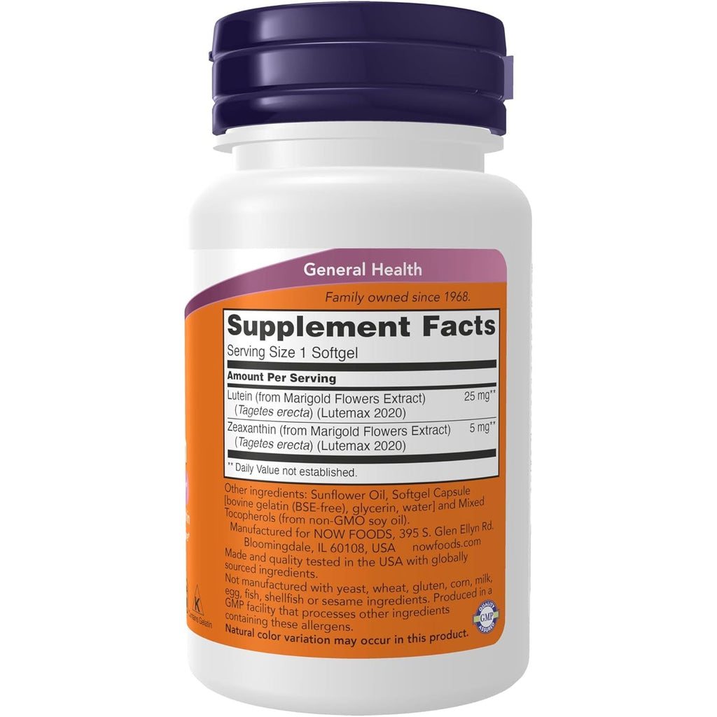 Buy now NOW Foods Supplements, Lutein & Zeaxanthin with 25 mg Lutein and 5 mg Zeaxanthin, 60 Softgels at indiglob india