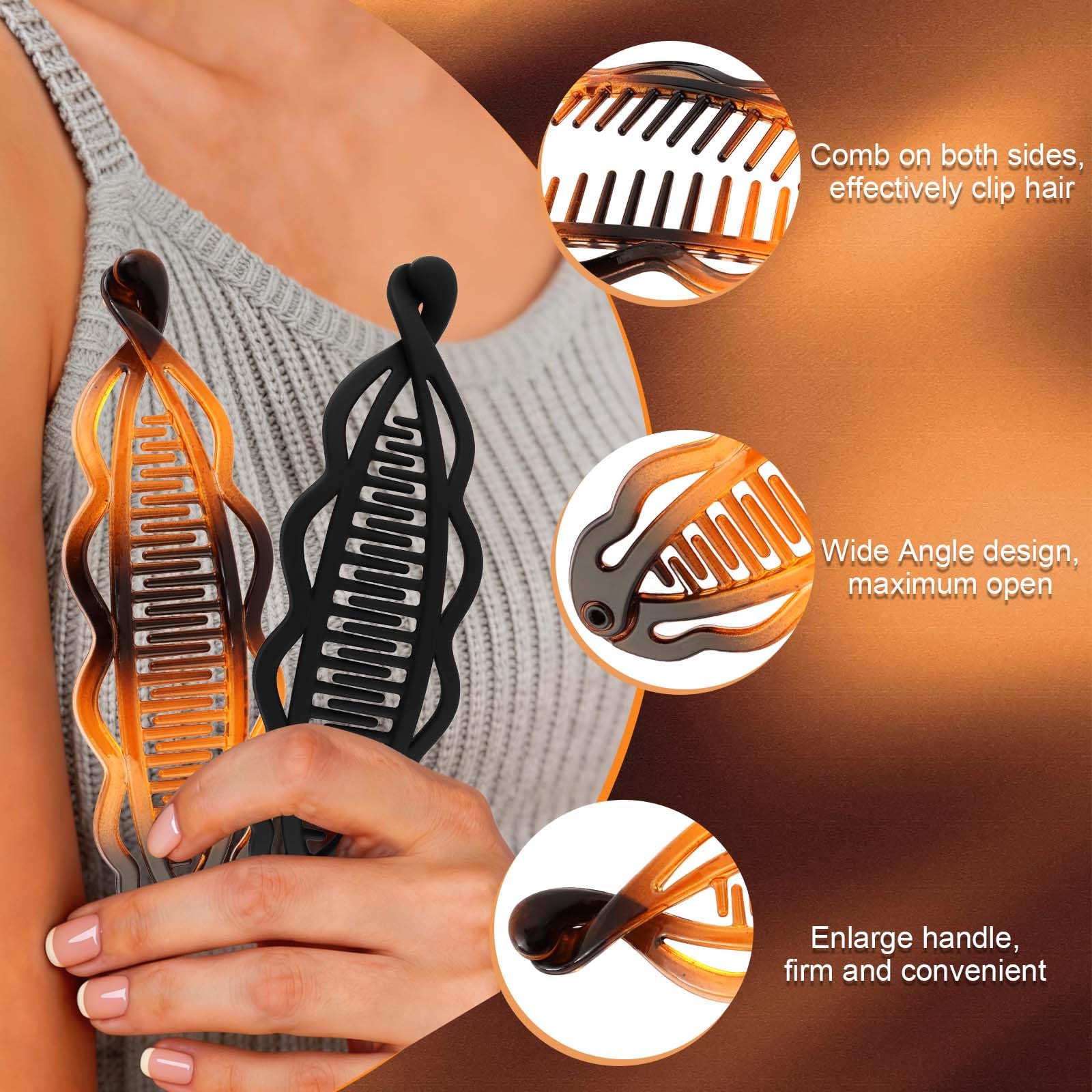 2pcs Large Banana Clip Hair Clips for Thick Hair, Matte Banana Hair Clip for Women Volumizing Hairstyles, Flat Lay Down Strong Hold Ponytail Bun Holder Accessories, Black Tortoise