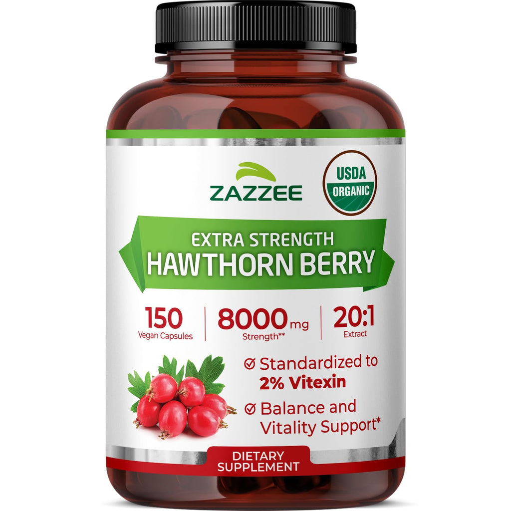 Zazzee USDA Organic Hawthorn Berry 20:1 Extract, 2% Vitexin, 150 Capsules