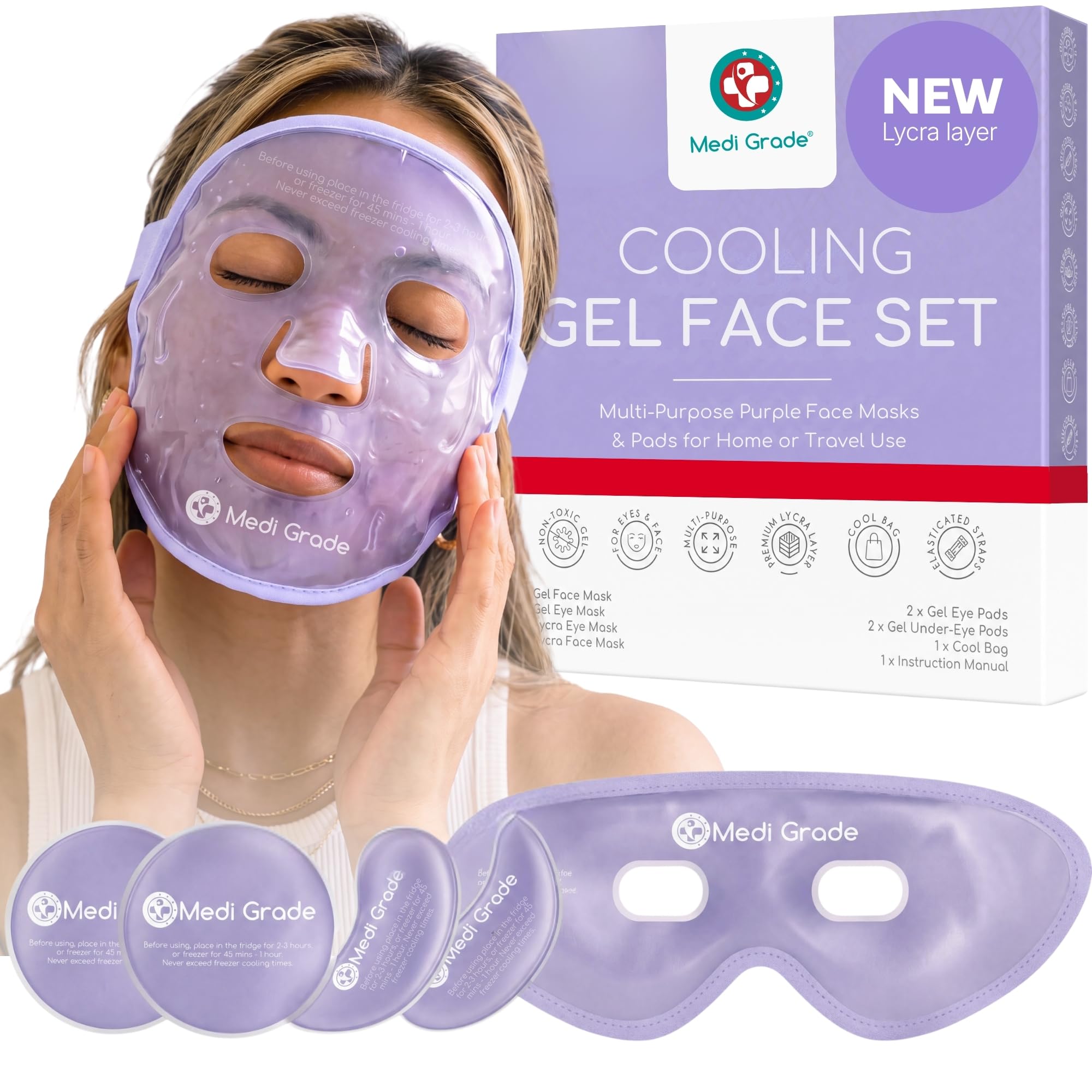 Medi Grade Face Ice Pack and Cooling Eye Mask Set, ChillGel Gel Mask Duo | Ice face mask and gel eye mask soothe puffy eyes, dark circles and migraines, cooling self care with storage bag