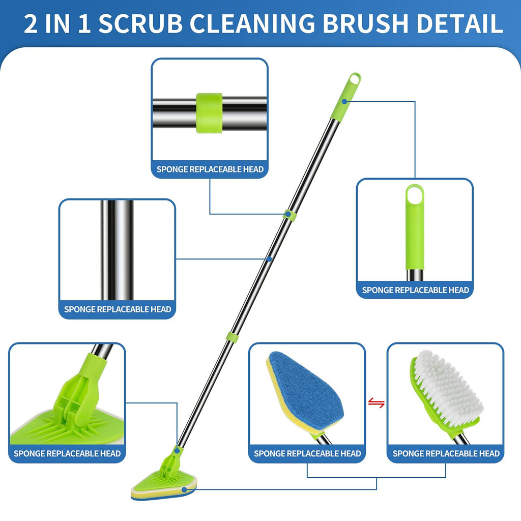 2 in 1 Scrub Cleaning Brush with 37” Long Extendable Handle,1 Stiff Bristle and 3 Sponge Brushes, Lightweigh Detachable Shower Scrubber for Cleaning Bathroom Shower Bathtub Glass Tile Floor