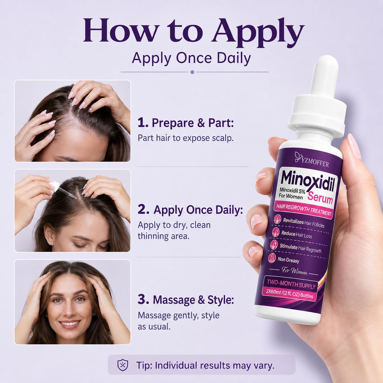 Minoxidil 5% Hair Regrowth Treatment for Women, 2-Month Supply | Topical Serum Drops for Thinning Hair, Revitalizes Hair Follicles, Reduces Hair Loss, Non-Greasy Liquid Formula