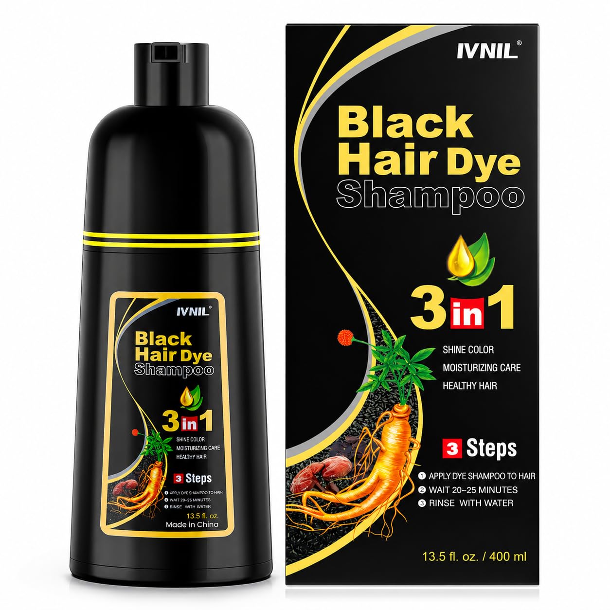 Ivnil Black Hair Dye Shampoo Color Shampoo for Gray Coverage for Women Men | Easy to use at home, Effectively cover white hair