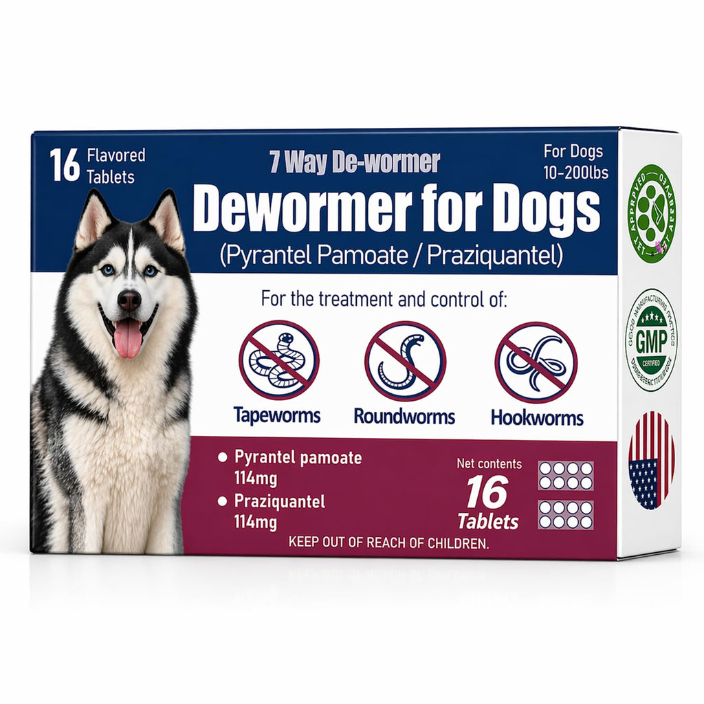 7-Way Dewormer for Dogs, Wormer for Tapeworms, Roundworms & Hookworms in Large Medium Dogs & Puppies (Over 10 lbs), with Praziquantel & Pyrantel Pamoate, 16 Tablets