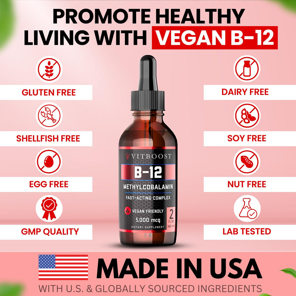 VITBOOST Vitamin B12 Liquid Drops - 60 x 5000 mcg Vegan B12 Sublingual | Extra Strength Raspberry Flavored Methylcobalamin B-12 Supplement Designed to Maximize Absorption & Energy, Gluten Free
