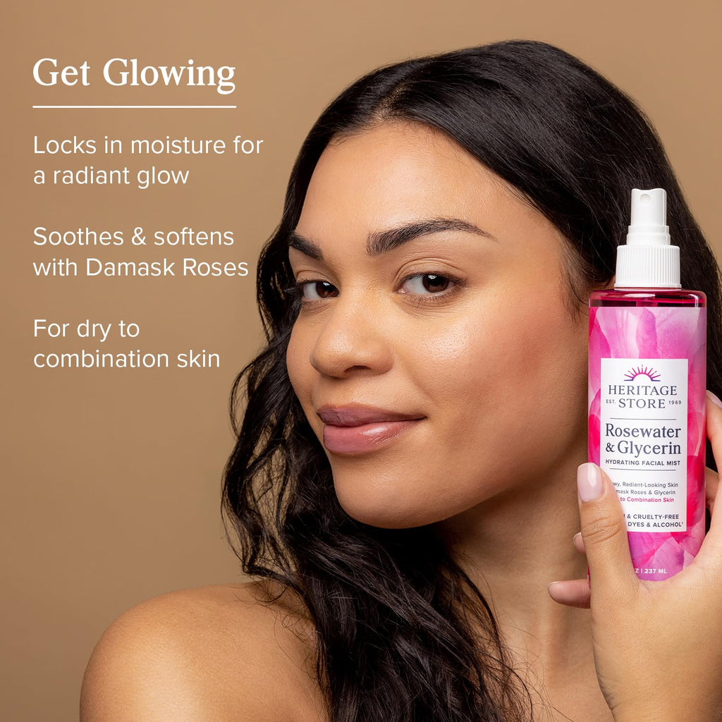 Buy now HERITAGE STORE Rosewater & Glycerin Hydrating Facial Mist - Dry Combination Skin Care - Rose Water Spray w/ Vegetable Glycerine, Made Without Dyes or Alcohol, Hypoallergenic, Vegan, Cruelty Free, 4oz at indiglob india