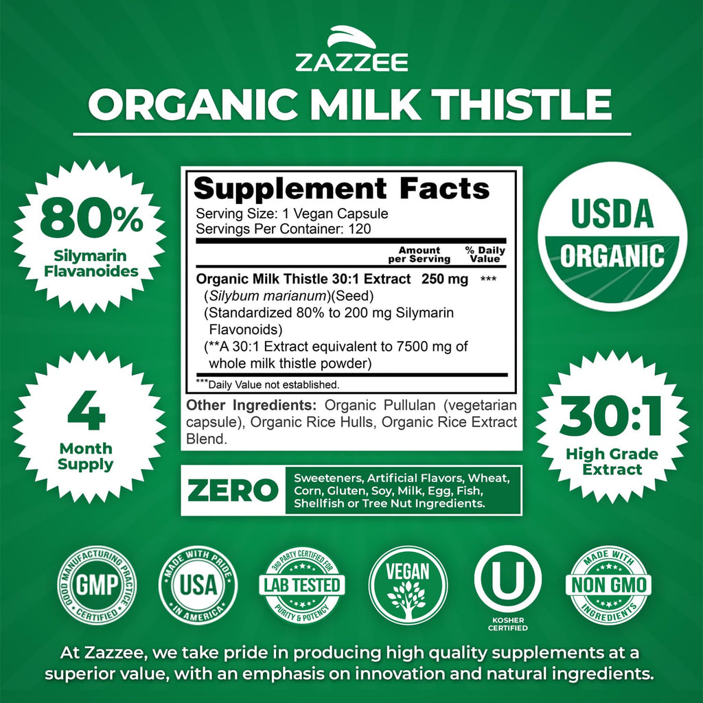 Zazzee USDA Organic Milk Thistle 30:1 Extract, 80% Silymarin, 120 Capsules | Vegan, 4 Month Supply, Certified Kosher, High Potency Liver & Antioxidant Support, Silybum Marianum, Non-GMO, Made in the USA
