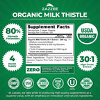Zazzee USDA Organic Milk Thistle 30:1 Extract, 80% Silymarin, 120 Capsules | Vegan, 4 Month Supply, Certified Kosher, High Potency Liver & Antioxidant Support, Silybum Marianum, Non-GMO, Made in the USA