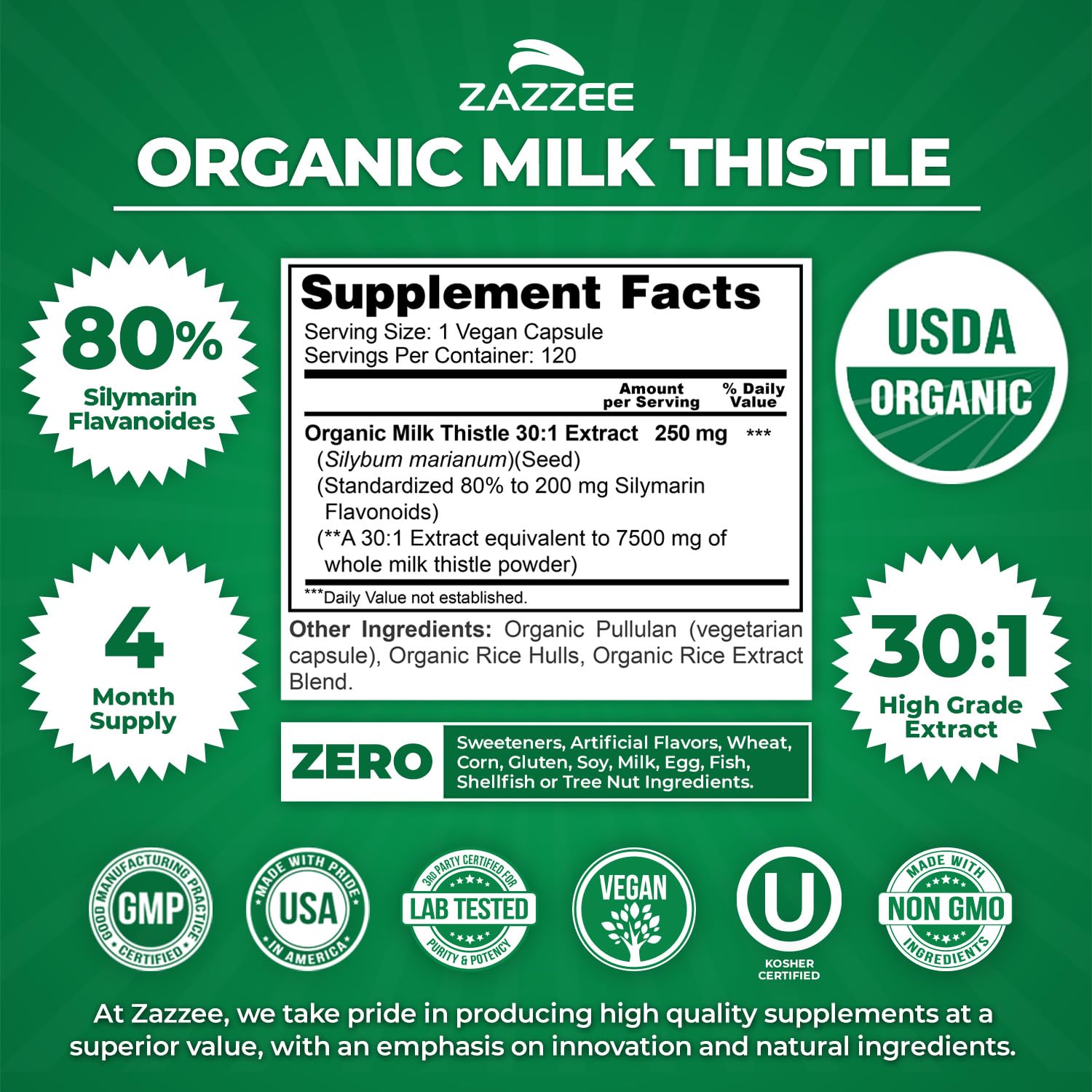 Zazzee USDA Organic Milk Thistle 30:1 Extract, 80% Silymarin, 120 Capsules | Vegan, 4 Month Supply, Certified Kosher, High Potency Liver & Antioxidant Support, Silybum Marianum, Non-GMO, Made in the USA