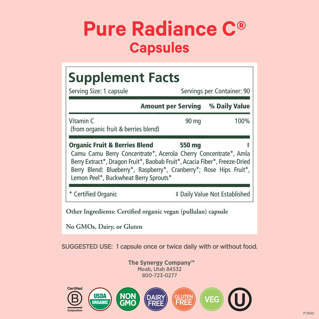 Pure Synergy Pure Radiance C Organic Vitamin C Capsules (90 Capsules) | 100% Natural, Whole Food, Non-GMO Supplement with Organic Camu Camu, For Immune & Collagen Support