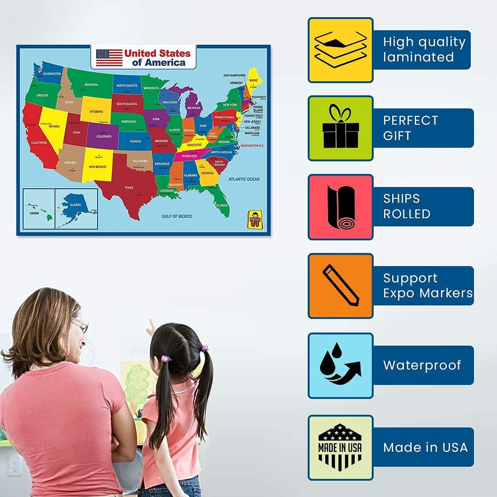 United States Map Laminated Poster - Dry Erase Double Side Educational Poster For Kids/Adults - 17x23 inch Waterproof Map For Home Classroom