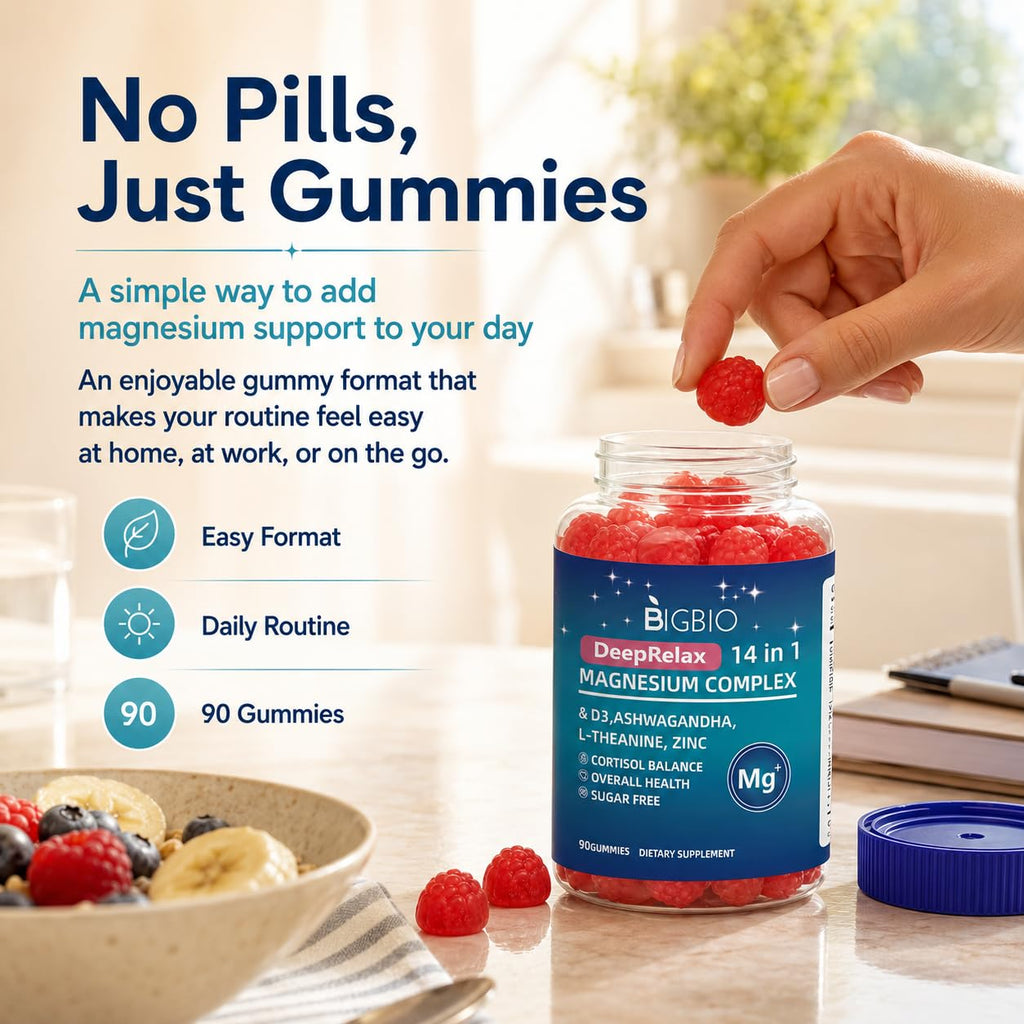 Magnesium Complex 14-in-1 Gummies Sugar-Free – with Ashwagandha, L-Theanine, D3 & Zinc – Cortisol Supplements for Women – Berry Flavor 90 Gummies 45 Servings