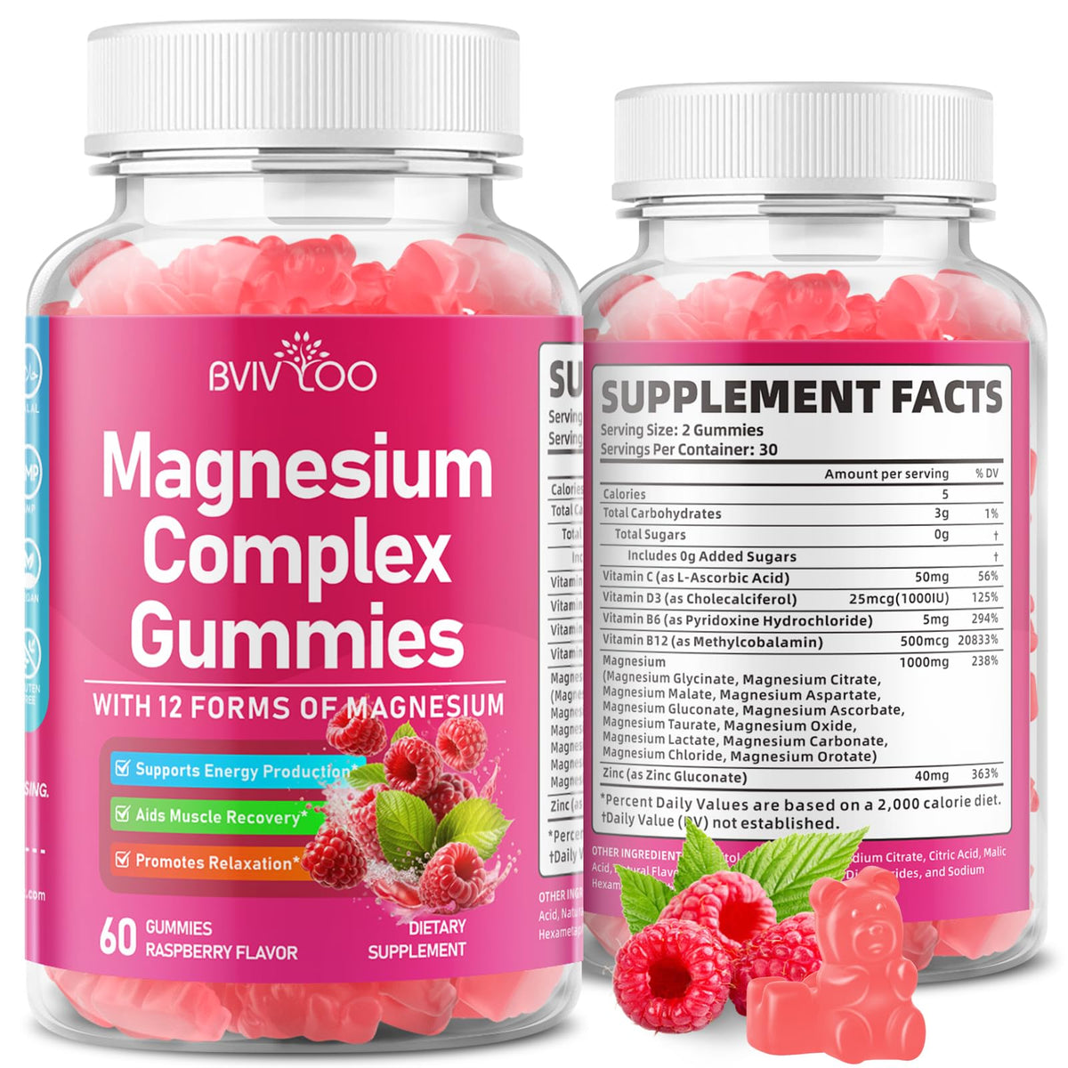 Magnesium Complex Gummies – with 12 Forms of Magnesium Plus Vitamins B6, B12 & C. Vegan Strawberry Gummies to Support Mood, for Adults, 60 Count