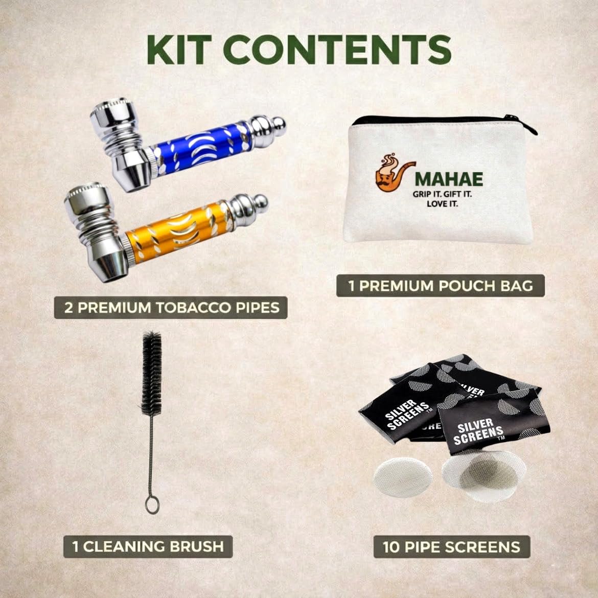 2pc Traditional Tobacco Pipe Kit – 3" Classic Pipes with Cleaner Tool, Pipe Screens & Storage Pouch - Smoking Pipe Accessories Kit