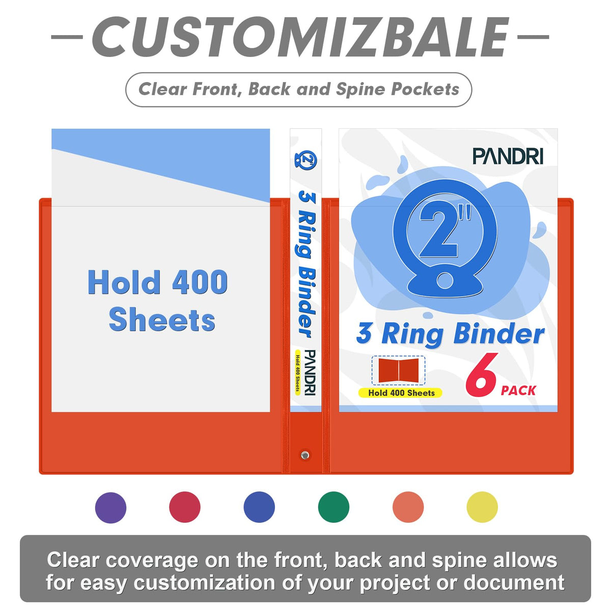 PANDRI 6 Pack 2-inch 3 Ring Binders with 2 Interior Pockets, 6 Colors