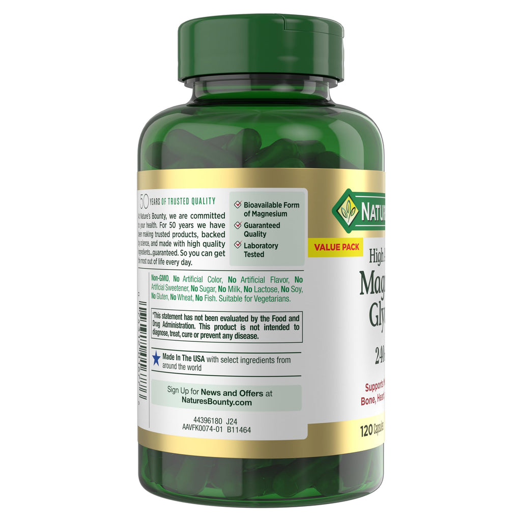 Nature’s Bounty High Absorption Magnesium Glycinate 240 mg for Supporting Muscle Relaxation and Bone, Heart & Nerve Health – Non-GMO, Gluten-Free, Vegetarian, 120 Count/60 Servings