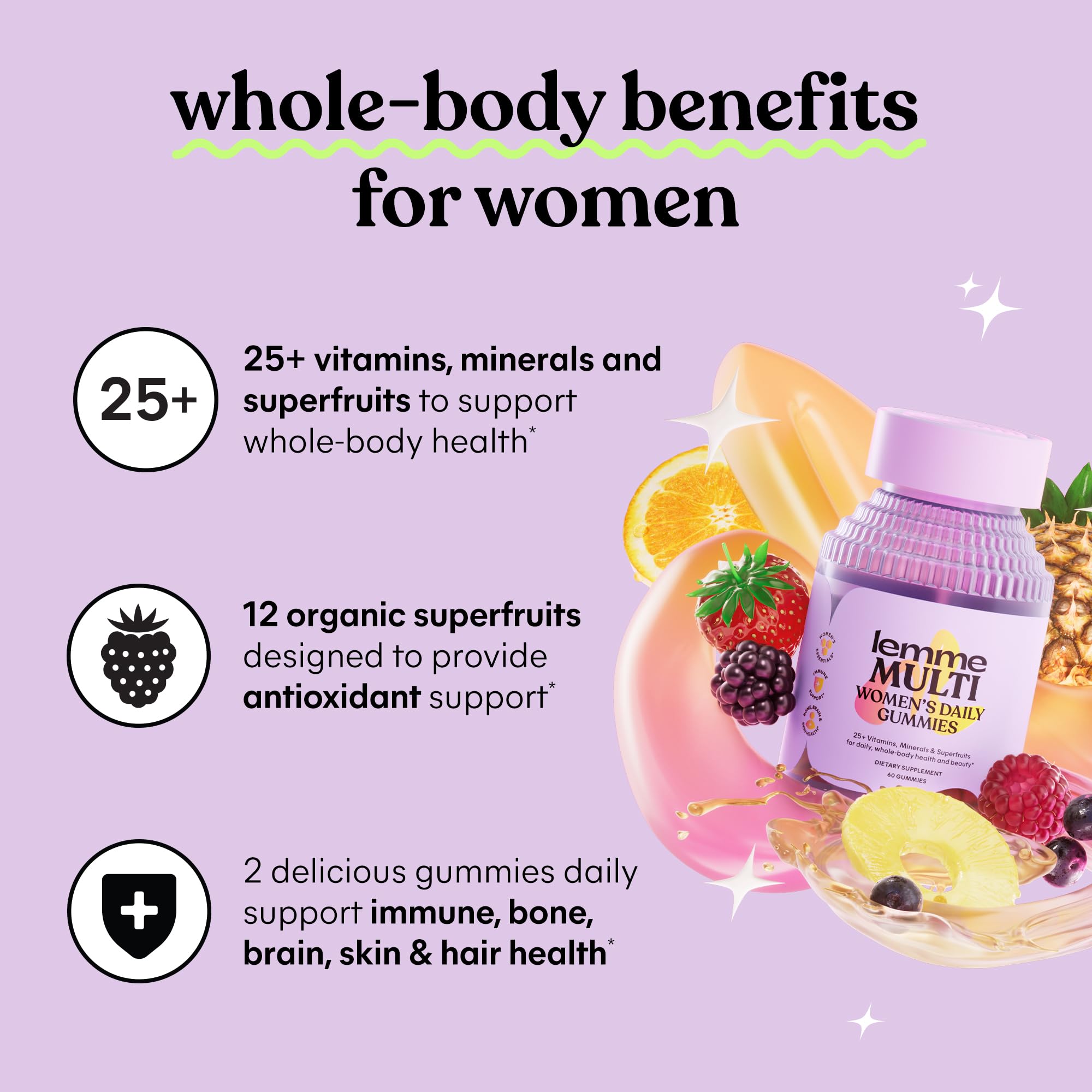 Lemme Multi Gummies, Daily Nutritional Support 30-Day Supply | Daily Nutritional Support with Vitamins A, C, D, E, Biotin, Folic Acid, Zinc & Inositol, Bone, Brain, Skin & Immune Health