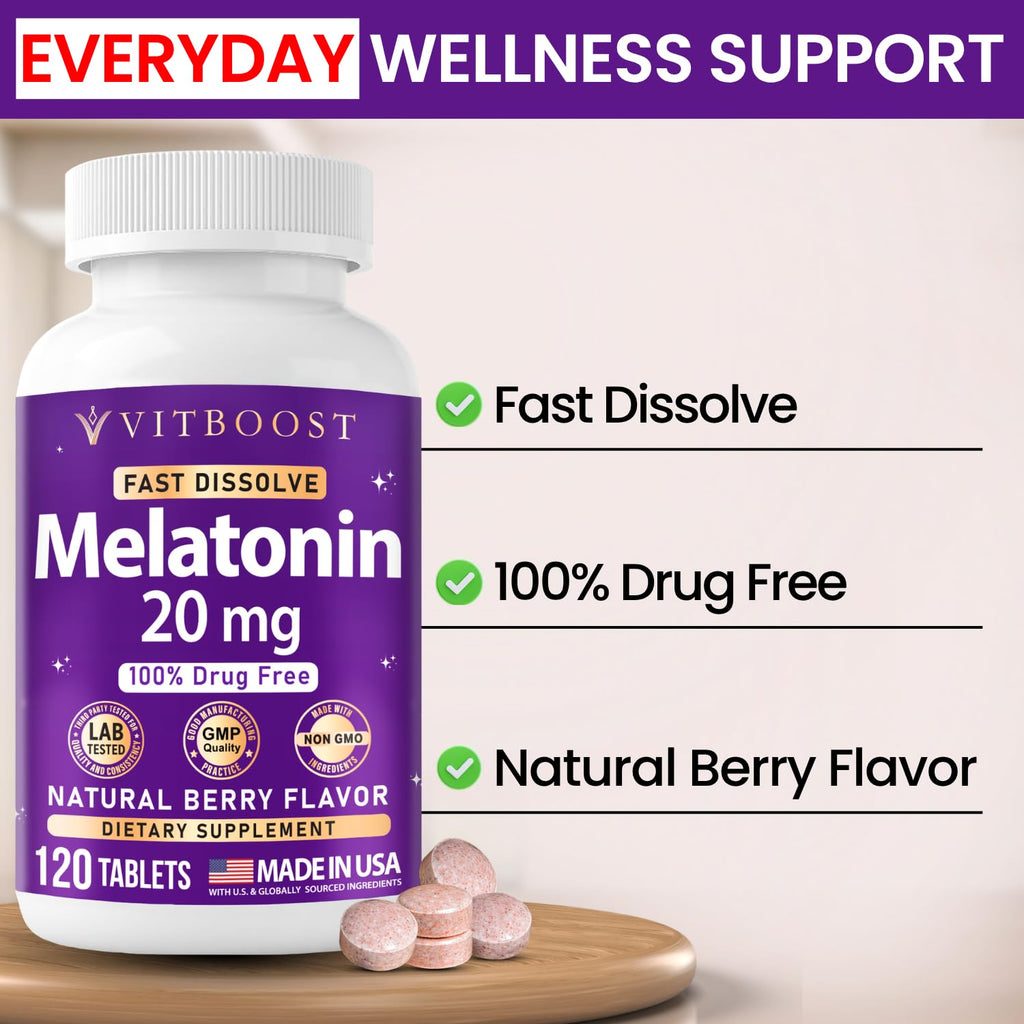 VITBOOST Melatonin 20mg Fast Dissolve Sleep Aid Tablets for Adults - 120 CT