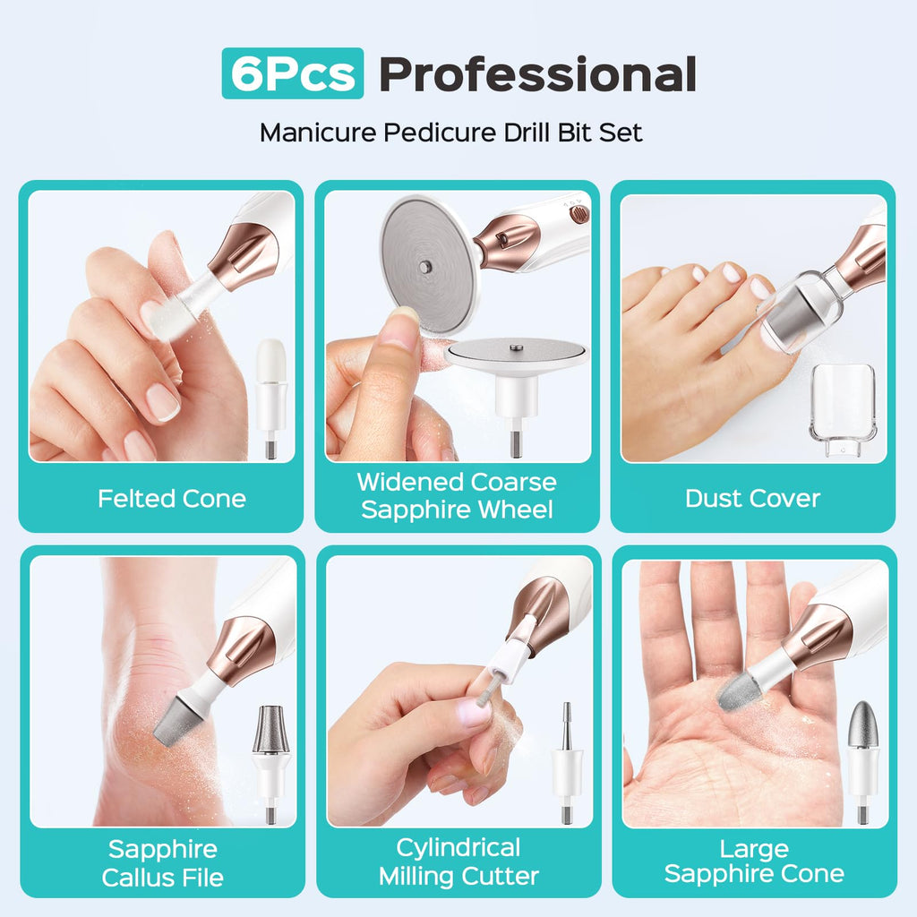 COSLUS C43 Professional Manicure Pedicure Kit with Upgrade Wider Grinder | 5-in-1 Electric Nail File for Toenail Hand Feet, Thick Nails Care, Cordless, 5 Speeds, Men Women Seniors, Home Salon, White