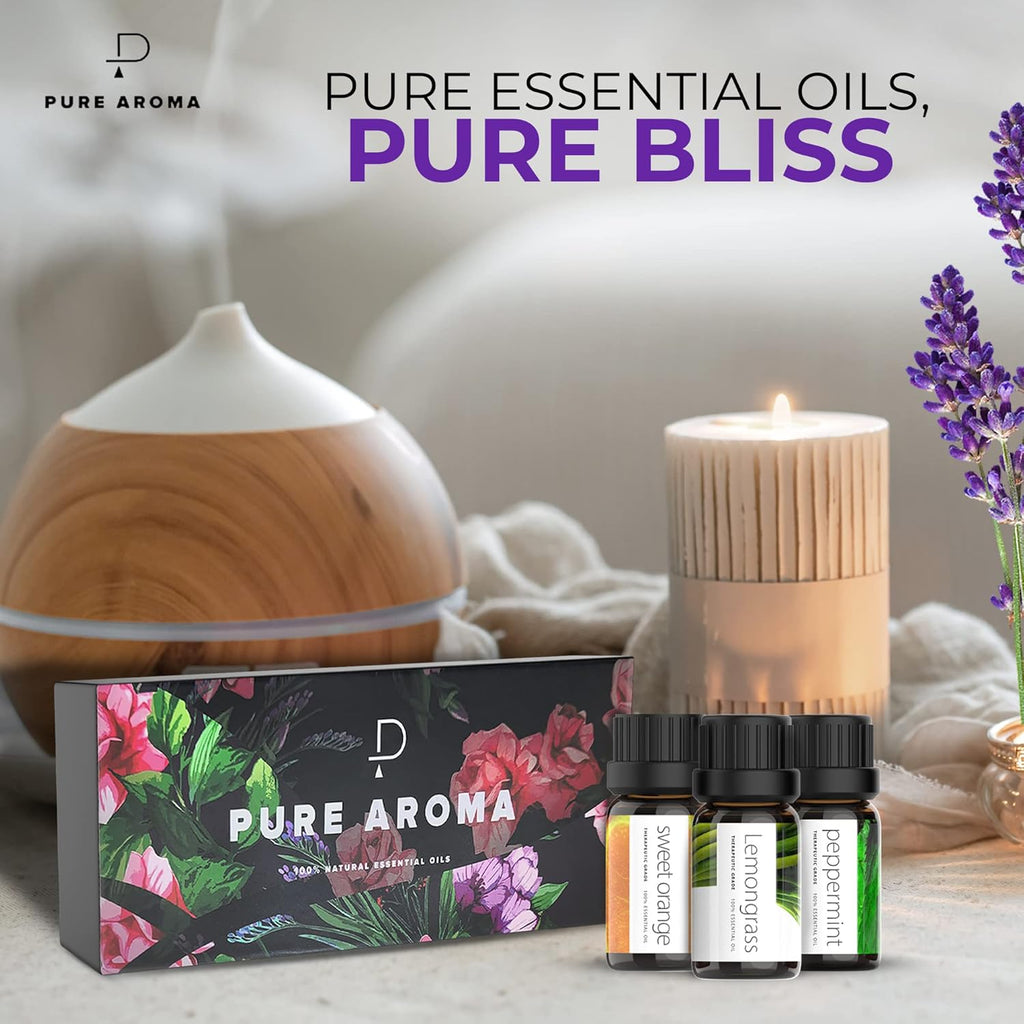 Buy now Essential Oils Set by Pure Aroma - Top 6 Aromatherapy Oils Gift Set-6 Pack, 10ml (Eucalyptus, Lavender, Lemongrass, Sweet Orange, Peppermint, Tea Tree) at indiglob india