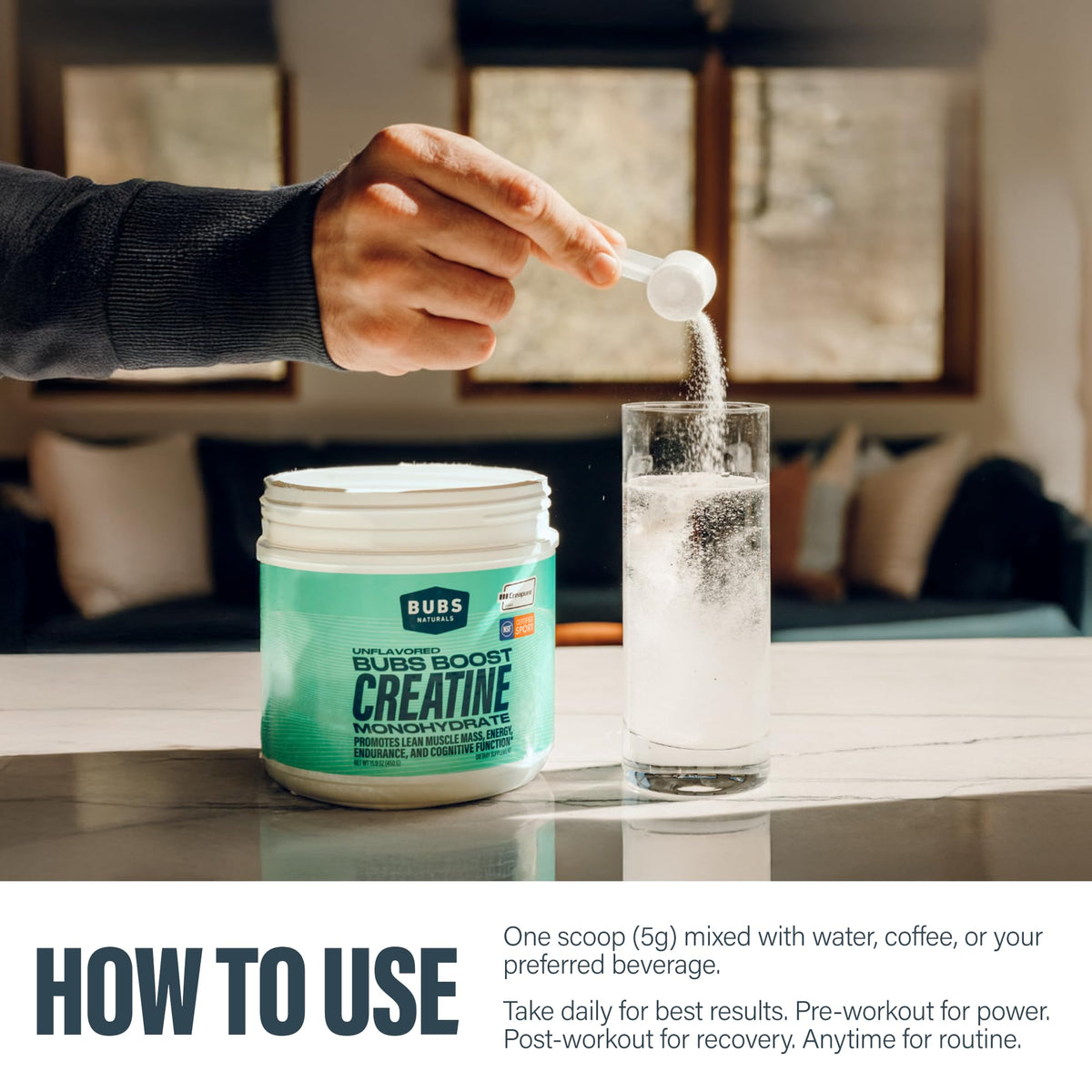BUBS Boost Creatine Monohydrate – 90 Servings | 5g Creapure® Creatine Powder | NSF Certified for Sport | Supports Strength, Power & Performance | Unflavored, No Fillers