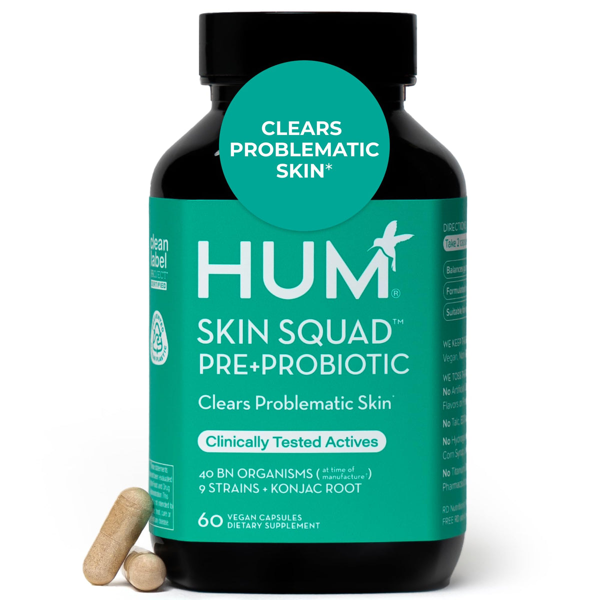 HUM Skin Squad Probiotic & Prebiotic, Skin & Gut Health Support, 60 Count