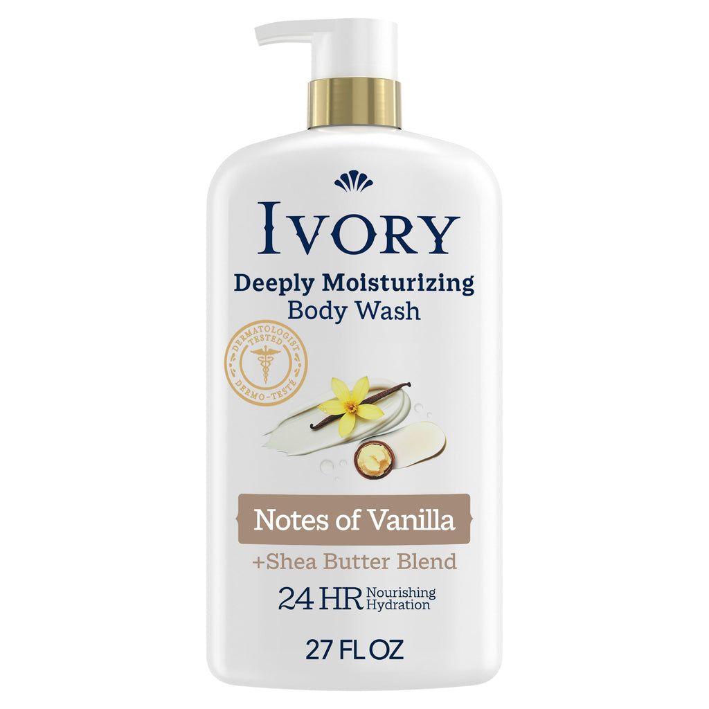 Ivory Body Wash, Deeply Moisturizing, 24hr Nourishing Hydration, Soothes Itchy Dry Skin, Made with Shea Butter Blend, Free of Dyes Heavy Perfumes Parabens & Phthalates, Oatmilk Scent, 27 oz