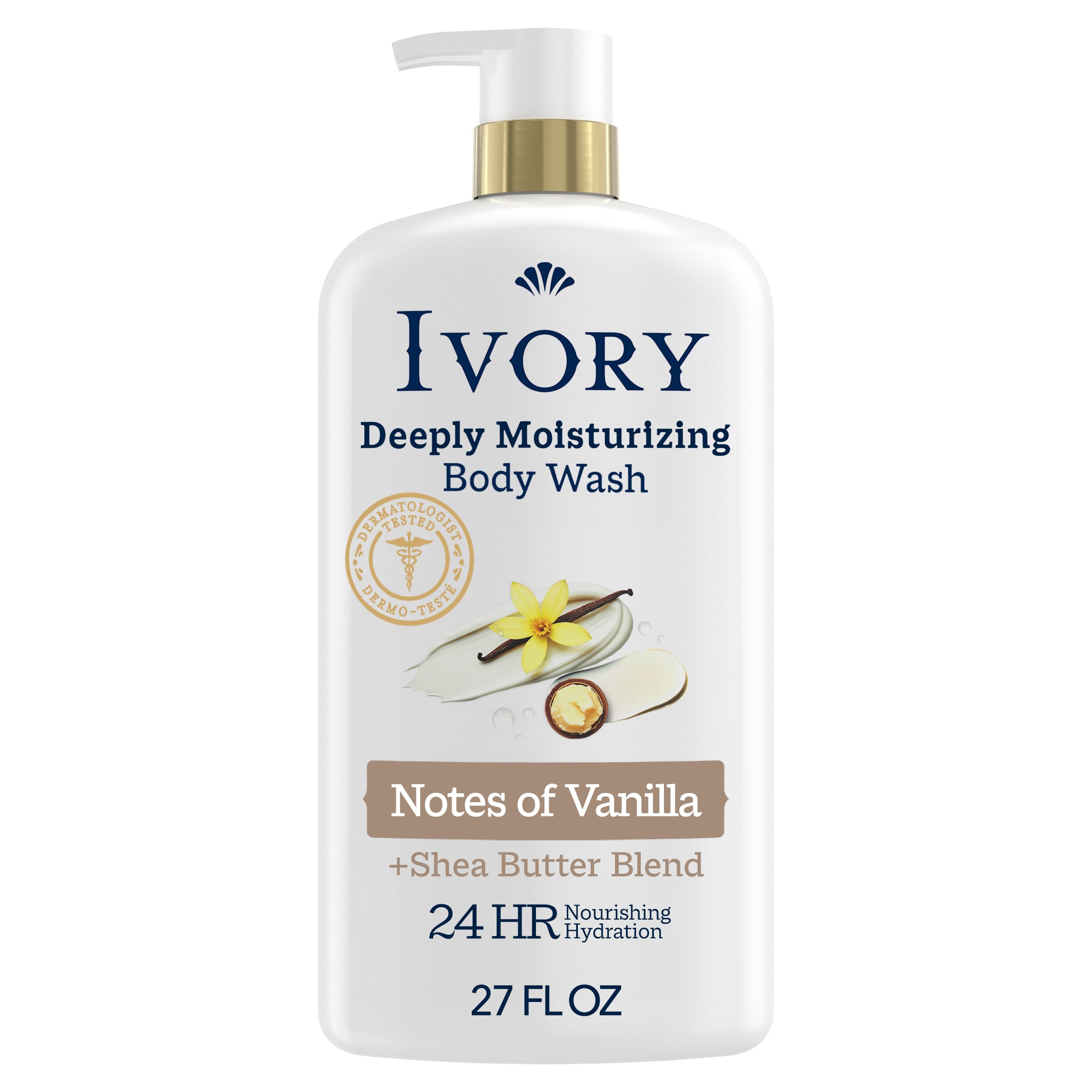 Ivory Body Wash, Deeply Moisturizing, 24hr Nourishing Hydration, Soothes Itchy Dry Skin, Made with Shea Butter Blend, Free of Dyes Heavy Perfumes Parabens & Phthalates, Oatmilk Scent, 27 oz