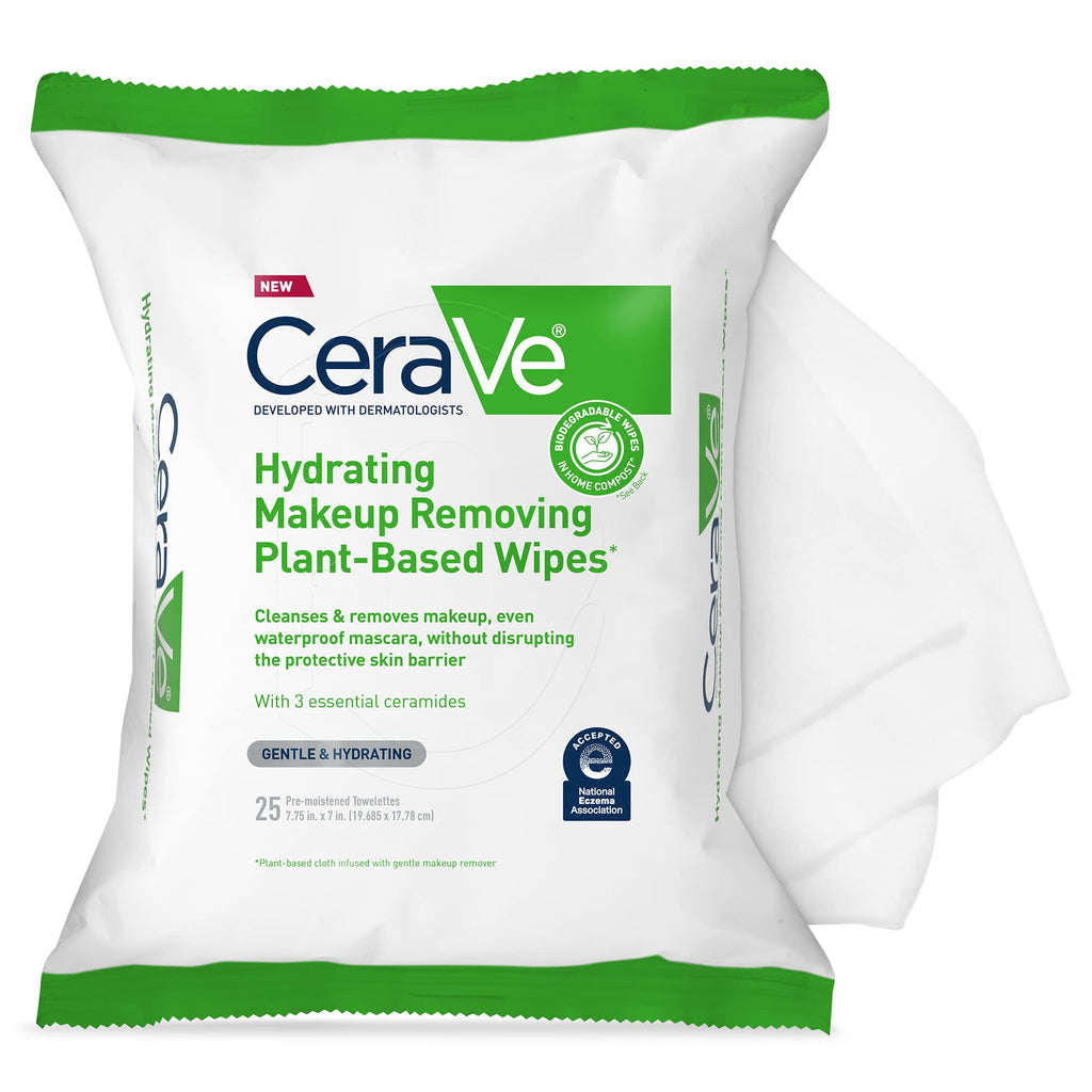 CeraVe Makeup Remover Wipes, Plant Based Face Wipes with Glycerin, 25ct | Fragrance-Free Makeup Remover Wipes with Glycerin and Ceramides Gently Cleanse Sensitive Skin without Clogging Pores