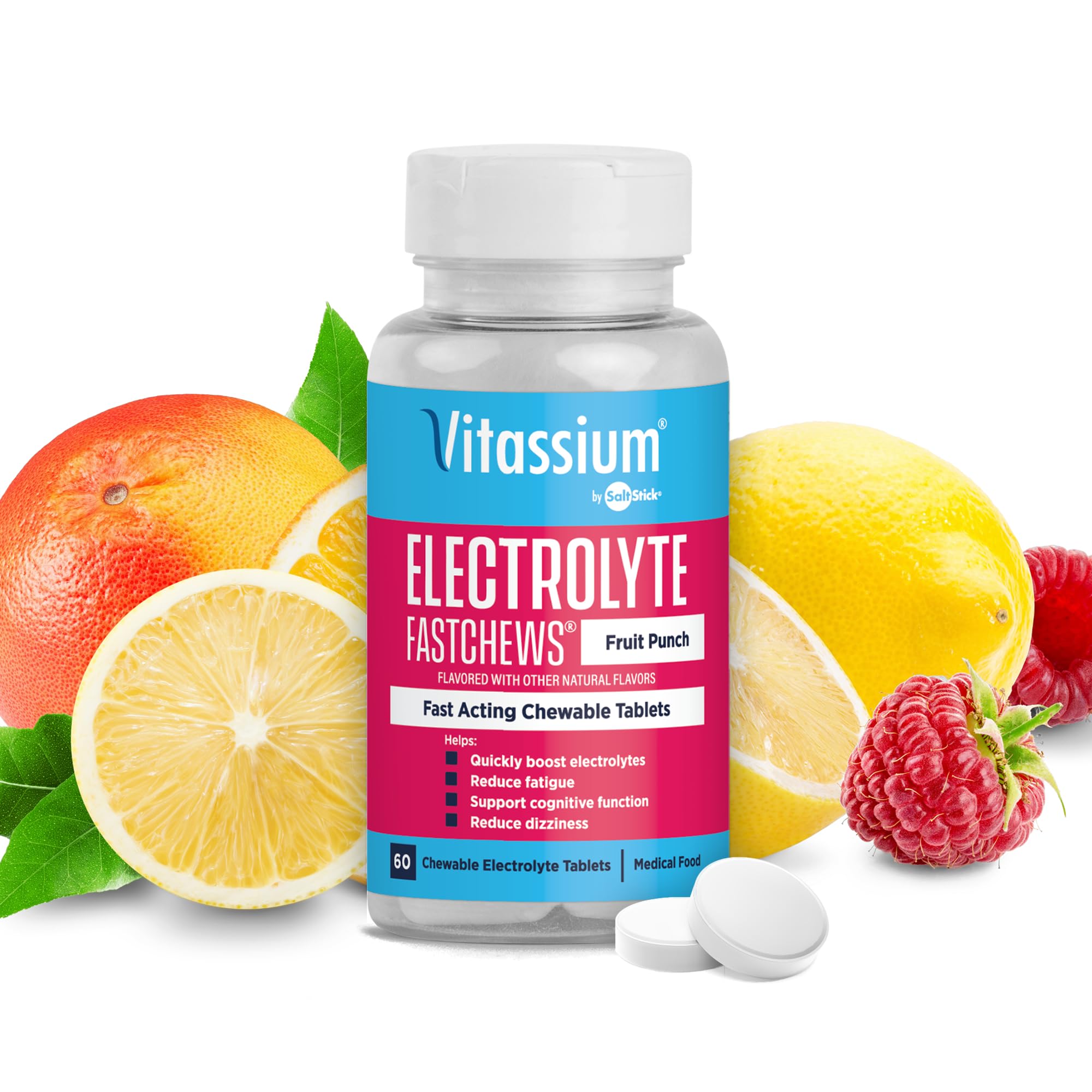 Vitassium FastChews, Chewable Electrolyte Tablets for Management of POTS and High Sodium Diets, Fast-Acting Sodium Tablets, Strawberry Lemonade, 60 Count
