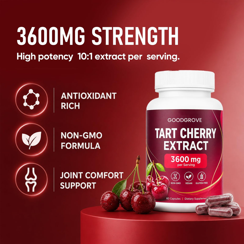 Tart Cherry Extract Capsules, 10:1 Concentrated Tart Cherry Extract Supplement, Antioxidant Support, Non-GMO, 60 Capsules