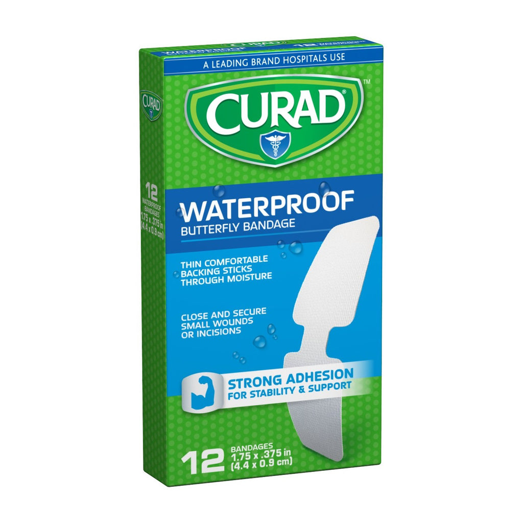 Curad Waterproof Butterfly Adhesive Bandages, 1.75" x .375", 12 Count